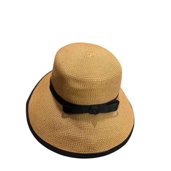 Eric Javits Visor Adjustable Straw Hat UPF 50+ Beige Black Packable Sunbust Bow - Picture 11 of 11